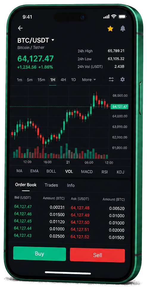 Interface mobile de trading SmartBit Boost — prix BTC/USDT en direct, carnet d’ordres et outils de suivi des opérations